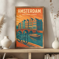 Amsterdam Netherlands Vintage Travel Poster | Retro Canal Bike Scene Wall Art | European City Print