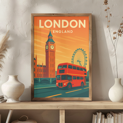 London England Vintage Travel Poster | Retro Big Ben and Red Bus Wall Art | UK City Print for Home & Office