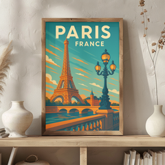 Paris France Vintage Travel Poster | Retro Eiffel Tower & Seine River Wall Art | French City Print
