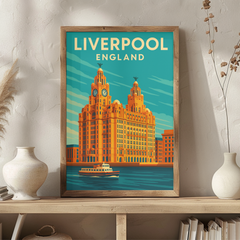 Liverpool England Vintage Travel Poster | Retro Royal Liver Building & Ferry Print | Maritime City Art