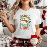 Frosty Vibes Christmas T-Shirt - Cute Snowman Xmas Tee - Funny Holiday Shirt Gift for Secret Santa, Festive Winter Graphic Tee For Him Her