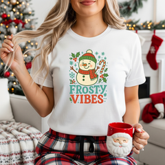 Frosty Vibes Christmas T-Shirt - Cute Snowman Xmas Tee - Funny Holiday Shirt Gift for Secret Santa, Festive Winter Graphic Tee For Him Her