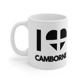 White ceramic mug with the text “I ❤️ Camborne” and a heart styled in the Cornish flag – a great gift or souvenir for lovers of Camborne and Cornwall.