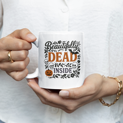 Beautifully Dead Inside Halloween Mug - Gothic Funny Coffee Cup with Skulls, Bats & Pumpkins | Spooky Cute Halloween Gift Emo Anxiety Ugly