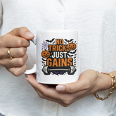 Funny Halloween Gym Mug - "No Tricks Just Gains" Weightlifter Coffee Cup - Spooky Halloween Gift for Gym Lovers, Bodybuilders & Fitness Fans