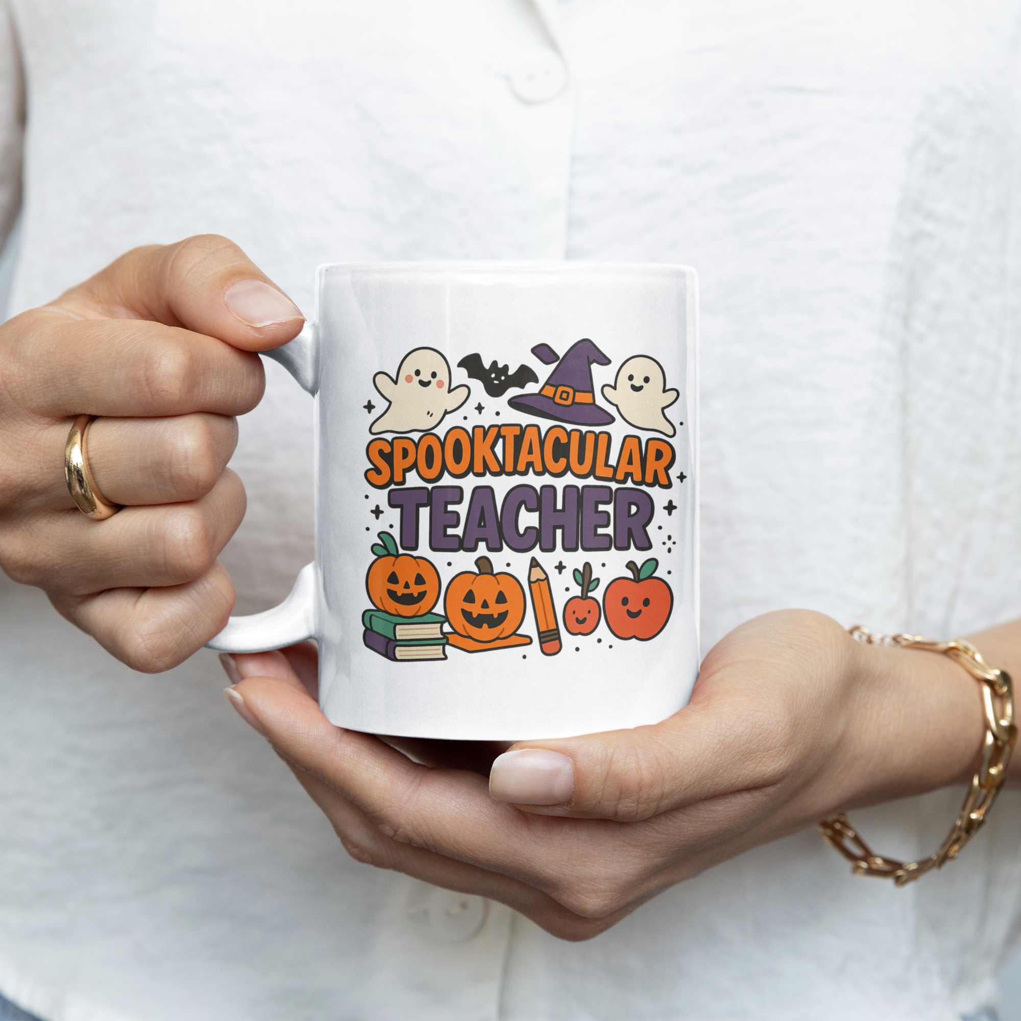 Spooktacular Teacher Halloween Mug - Funny Cute Ghost Pumpkin Witch Coffee Cup - Halloween Gift for Teachers, School Staff, Classroom