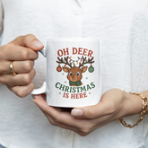 Funny Christmas Mug - "Oh Deer, Christmas Is Here" Reindeer Coffee Cup, Cute Secret Santa Gift for Coworker, Holiday Present Under 20