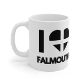 White ceramic mug with the text “I ❤️ Falmouth” and a heart in the Cornish flag design – a perfect gift or souvenir for fans of Falmouth and Cornwall.