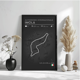 a poster of the Imola race track in Italy, with a black background and a white outline of the track. The poster includes text and a map of the race track, as well as some decorative elements such as a potted plant and a vase.