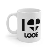 White ceramic mug with the text “I ❤️ Looe” and a heart in the Cornish flag – a perfect Cornwall souvenir or gift for lovers of Looe and coastal living.