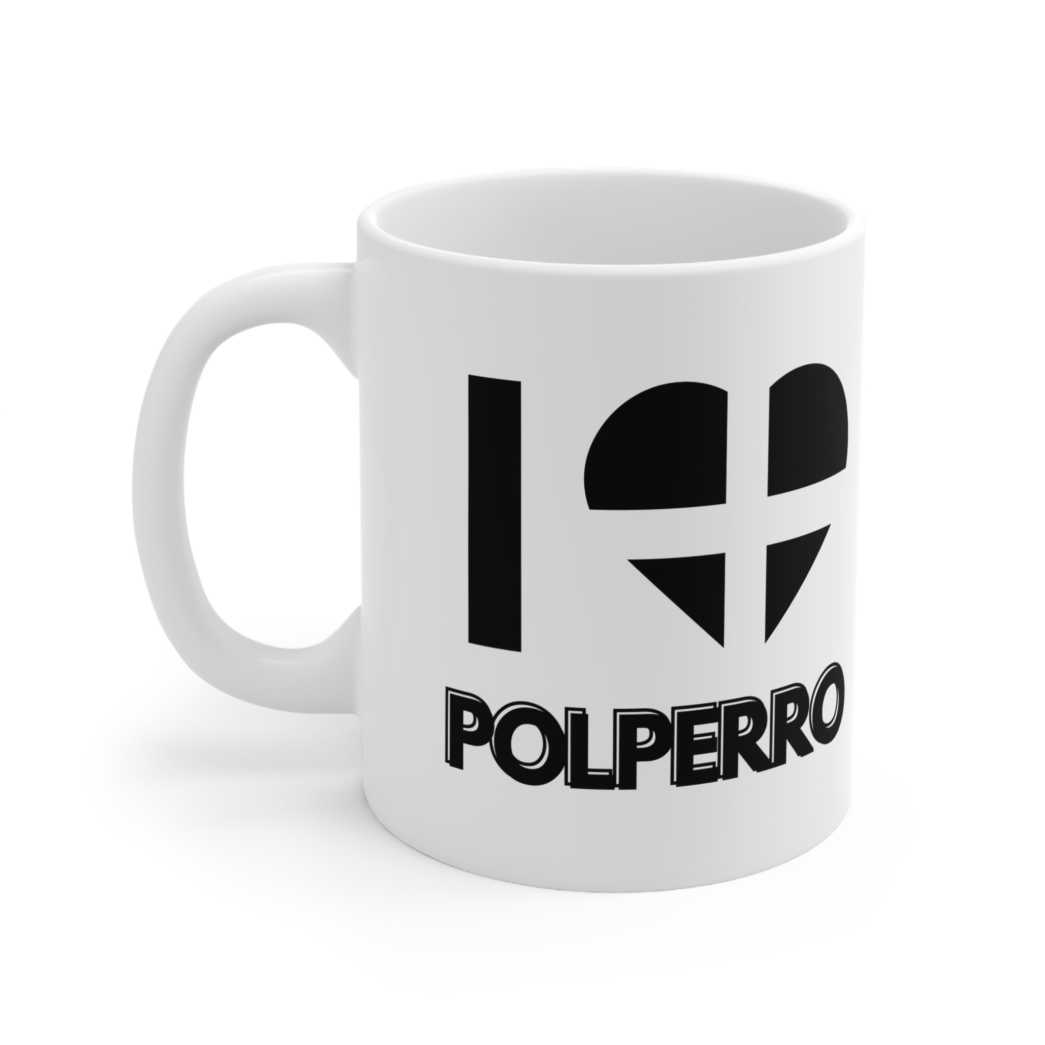 White ceramic mug with the text “I ❤️ Polperro” and a heart in the Cornish flag design – perfect Cornwall souvenir for lovers of Polperro village.