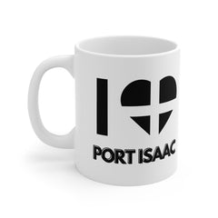 White ceramic mug with “I ❤️ Port Isaac” text featuring a heart styled with the Cornish flag – perfect for Cornwall fans and Port Isaac souvenir seekers.