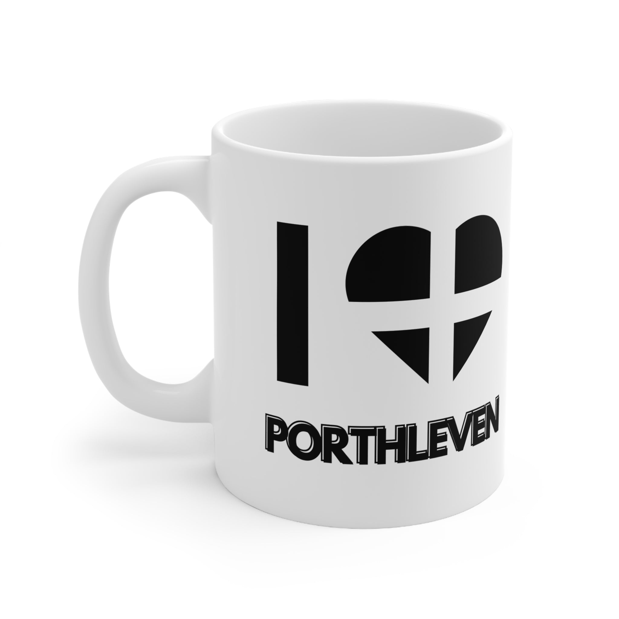 White ceramic mug with the text “I ❤️ Porthleven” and a heart styled in the Cornish flag – a perfect Cornwall souvenir for lovers of this coastal town.