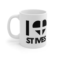 White ceramic mug with the text “I ❤️ St Ives” and a heart in the Cornish flag – the perfect gift or souvenir for fans of St Ives and the Cornwall coast.