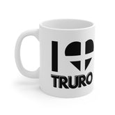 White ceramic mug with the text “I ❤️ Truro” and a heart in the Cornish flag – the perfect Cornwall souvenir for lovers of Truro and its historic charm.