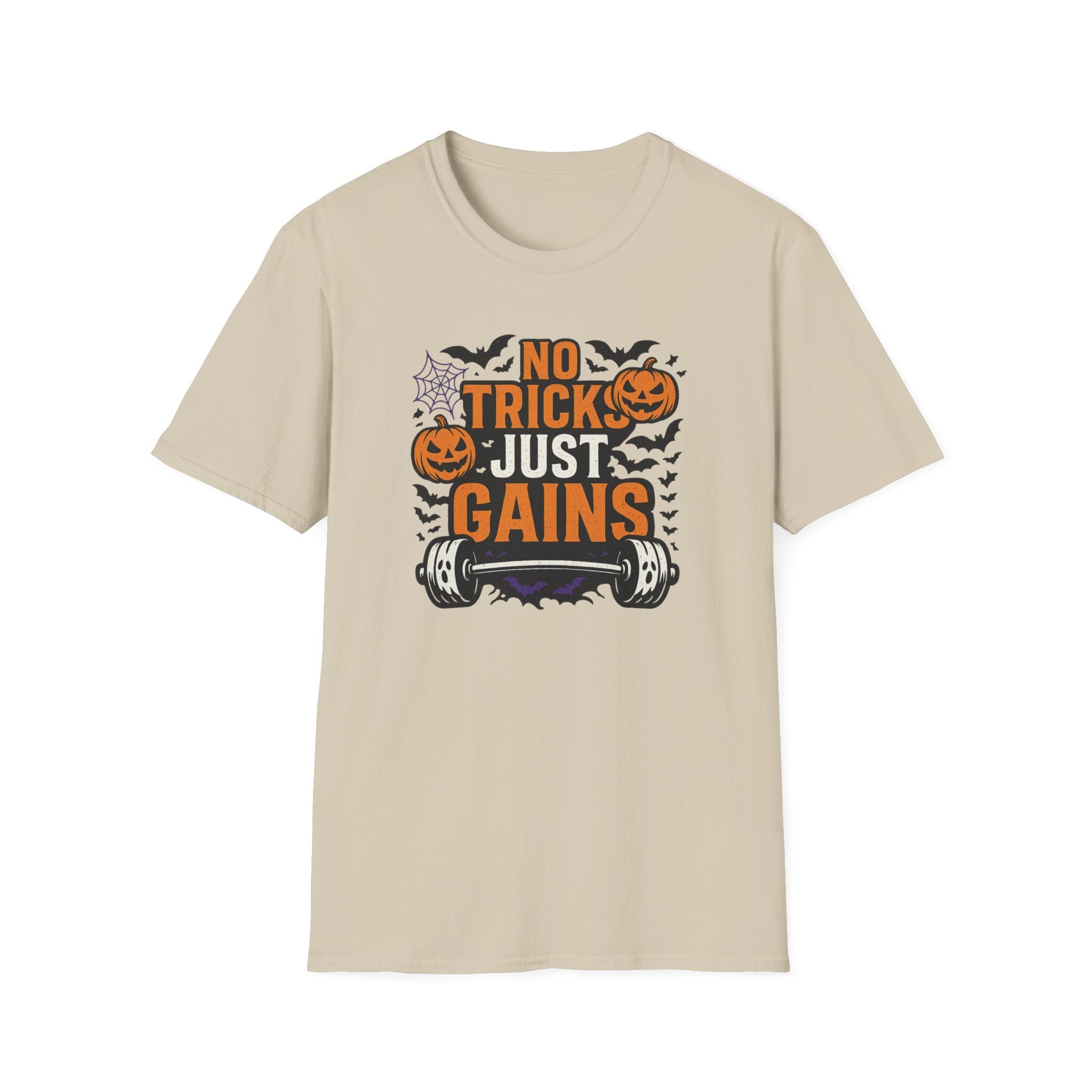 Funny Halloween Gym T-Shirt - "No Tricks Just Gains" Fitness Tee - Spooky Halloween Gift for Gym Lovers, Weightlifters & Bodybuilders