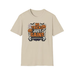 Funny Halloween Gym T-Shirt - "No Tricks Just Gains" Fitness Tee - Spooky Halloween Gift for Gym Lovers, Weightlifters & Bodybuilders