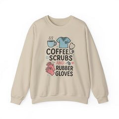 Funny Nurse Christmas Sweatshirt - "Coffee, Scrubs and Rubber Gloves" Jumper - Secret Santa Gift for Nurses, Healthcare Worker Xmas Sweater