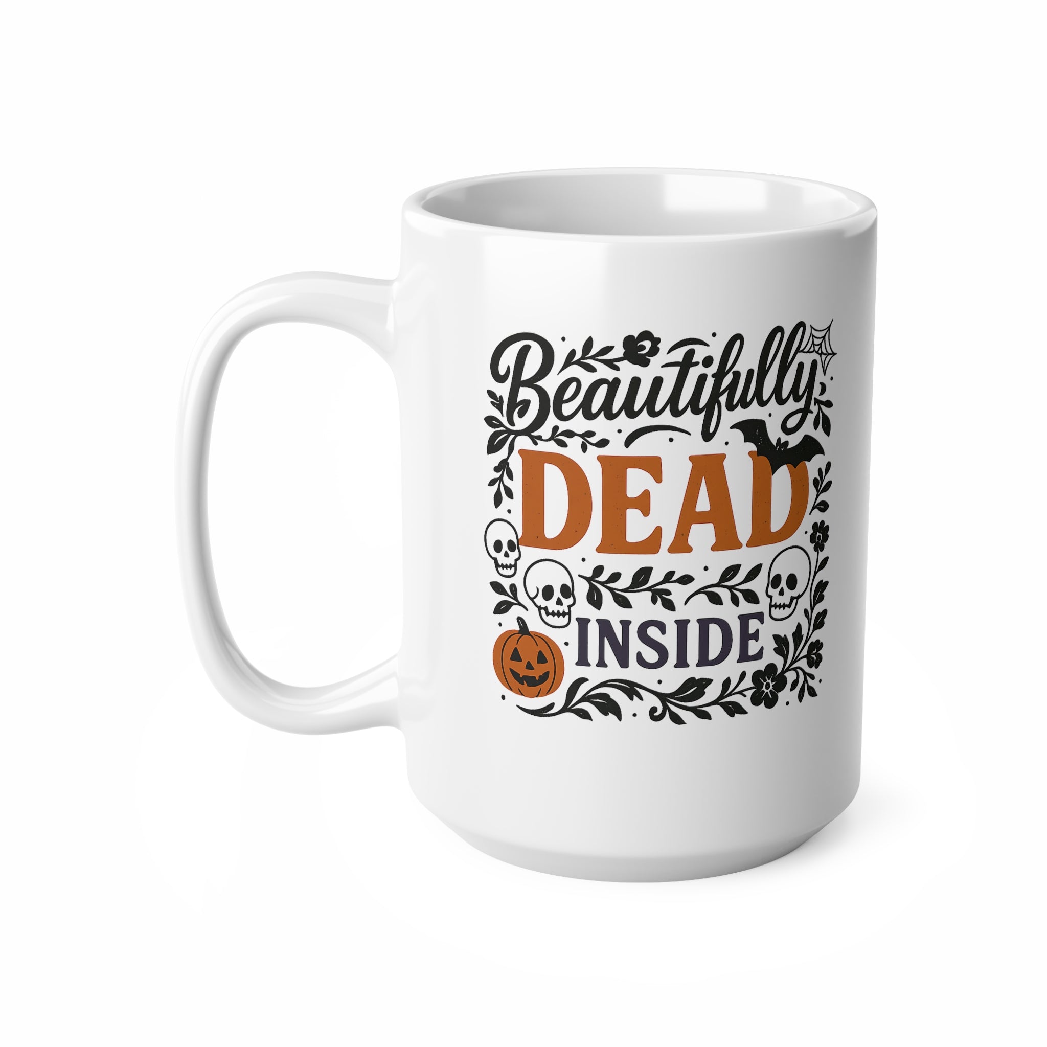 Beautifully Dead Inside Halloween Mug - Gothic Funny Coffee Cup with Skulls, Bats & Pumpkins | Spooky Cute Halloween Gift Emo Anxiety Ugly