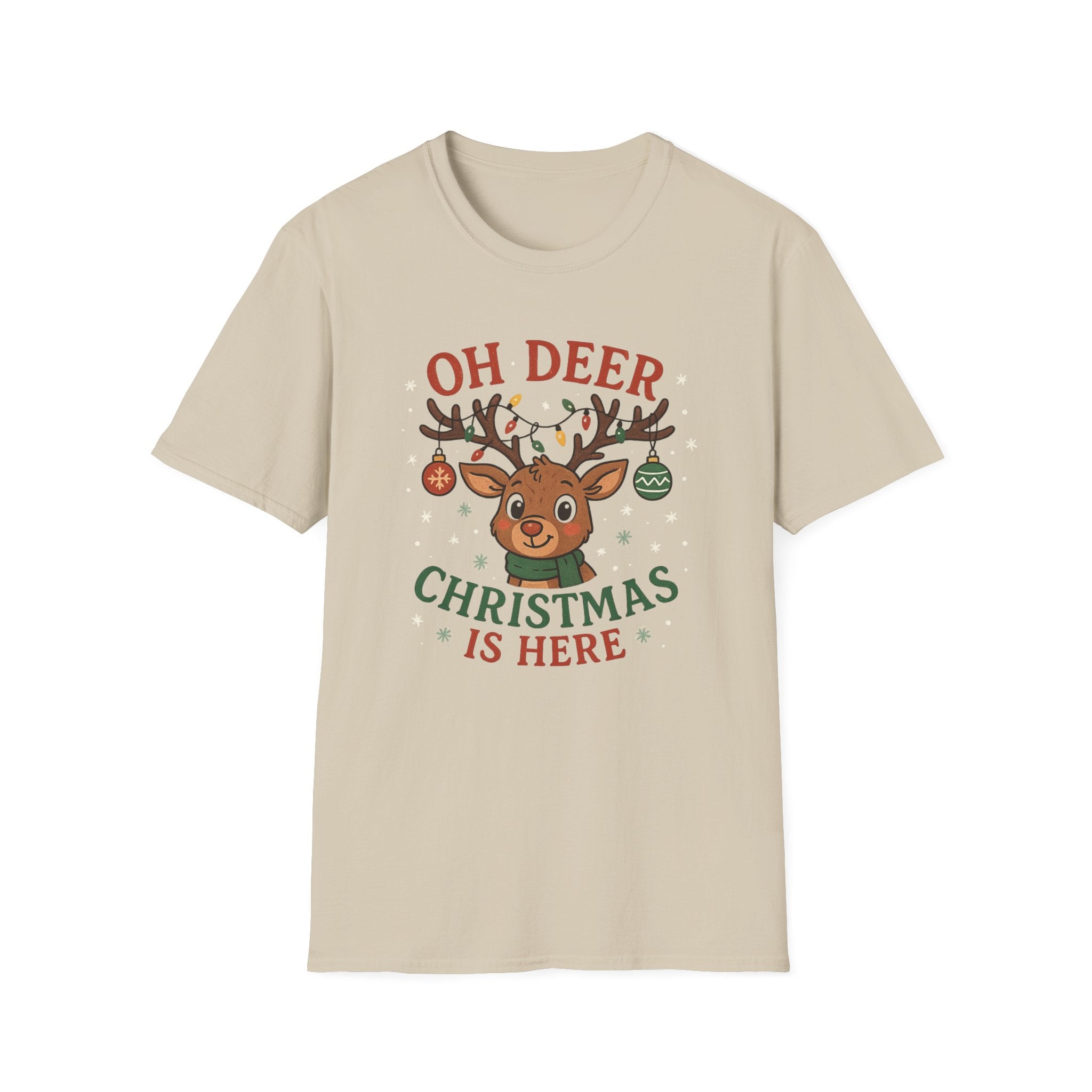 Funny Christmas T-Shirt - "Oh Deer Christmas Is Here" Reindeer Tee - Cute Secret Santa Gift, Holiday Party Shirt for Men & Women Sister Mum