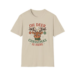 Funny Christmas T-Shirt - "Oh Deer Christmas Is Here" Reindeer Tee - Cute Secret Santa Gift, Holiday Party Shirt for Men & Women Sister Mum