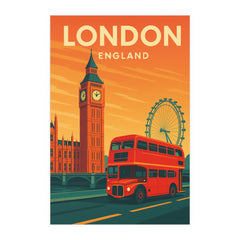 London England Vintage Travel Poster | Retro Big Ben and Red Bus Wall Art | UK City Print for Home & Office