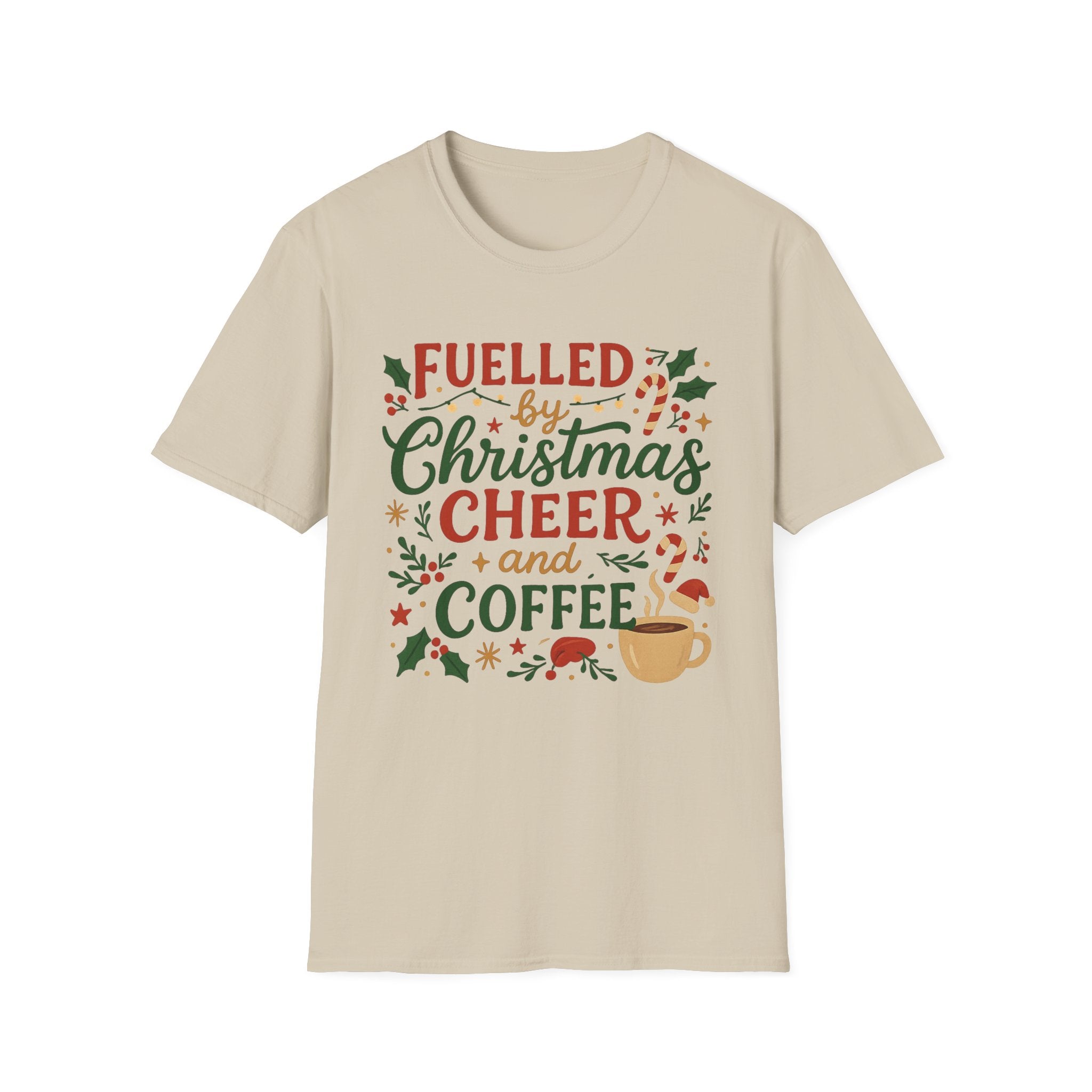 Funny Christmas Coffee T-Shirt - Fuelled by Christmas Cheer and Coffee Tee - Xmas Gift for Coffee Lovers, Secret Santa Shirt For Her Mum Mom