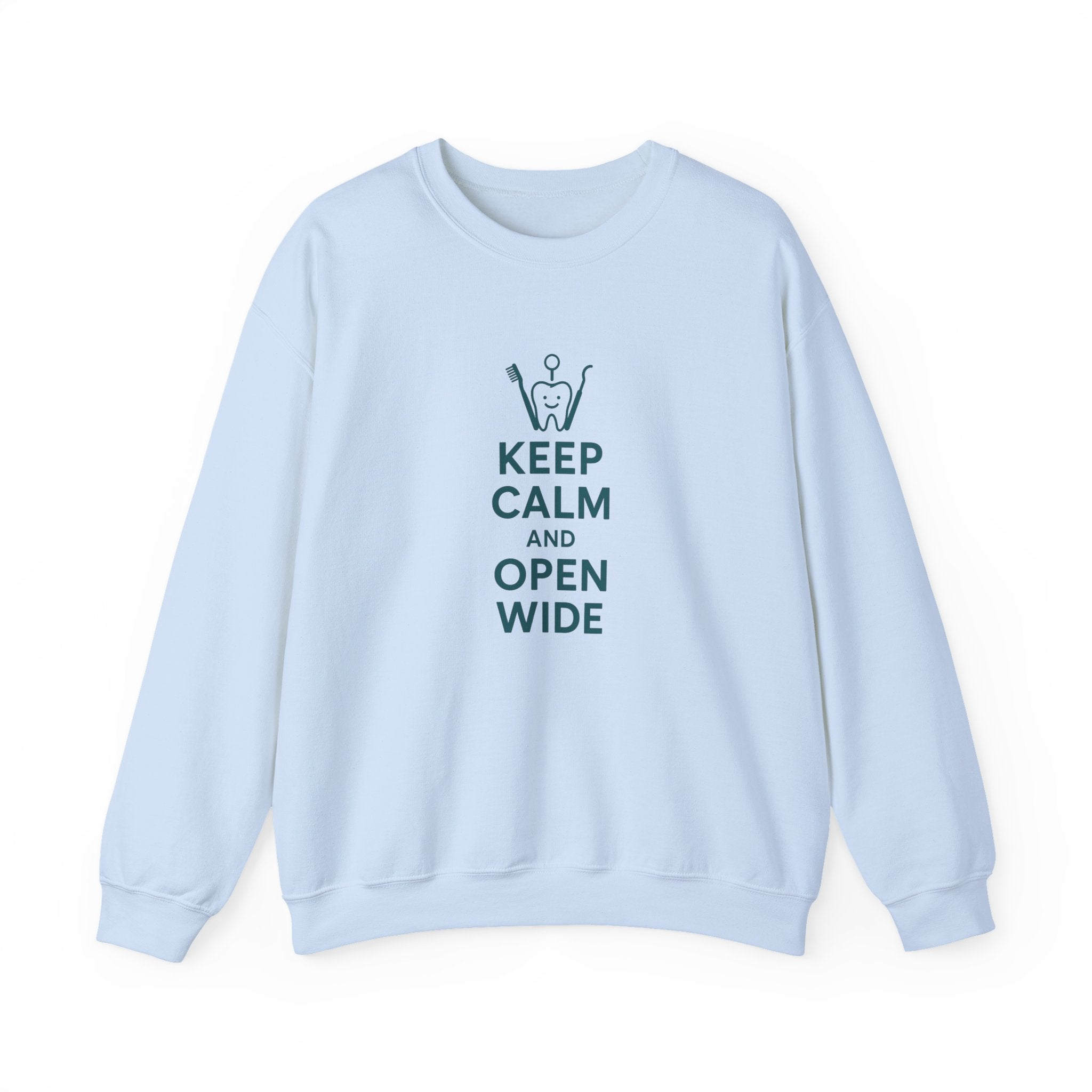 Funny Dentist Christmas Jumper - "Keep Calm and Open Wide" Sweatshirt - Secret Santa Gift for Hygienist, Dental Student or Dental Nurse