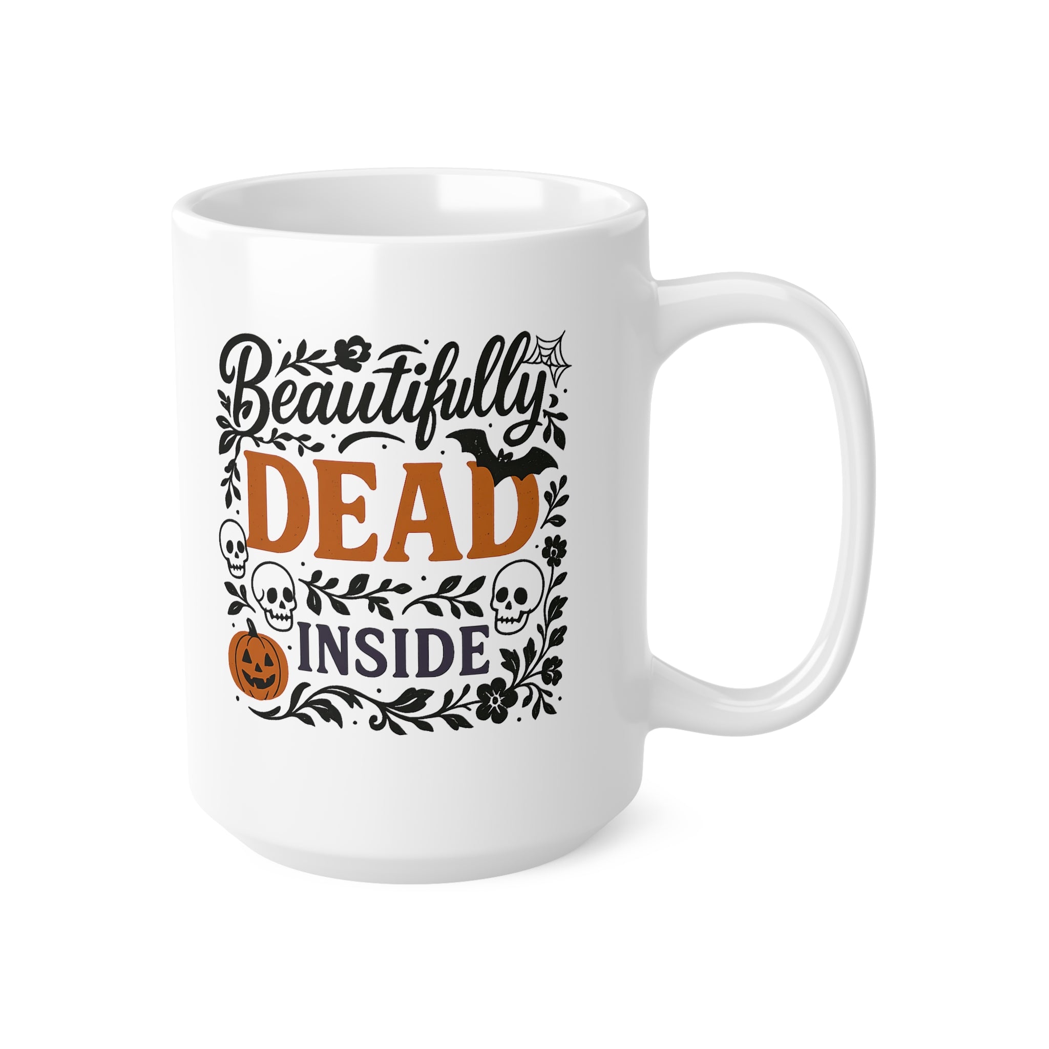 Beautifully Dead Inside Halloween Mug - Gothic Funny Coffee Cup with Skulls, Bats & Pumpkins | Spooky Cute Halloween Gift Emo Anxiety Ugly