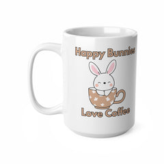 White ceramic mug with a cute bunny sitting in a floral teacup and the text “Happy Bunnies Love Coffee” – a sweet gift for bunny lovers and coffee fans.