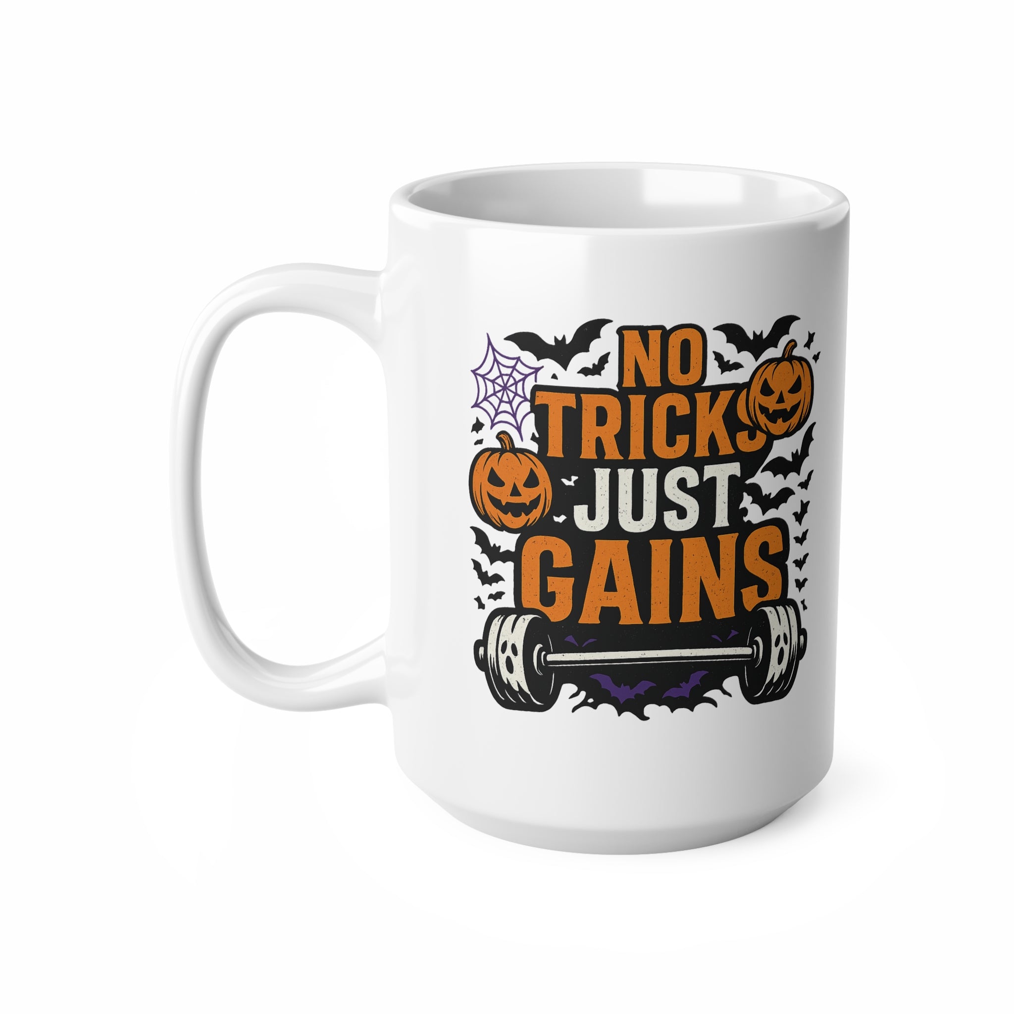 Funny Halloween Gym Mug - "No Tricks Just Gains" Weightlifter Coffee Cup - Spooky Halloween Gift for Gym Lovers, Bodybuilders & Fitness Fans