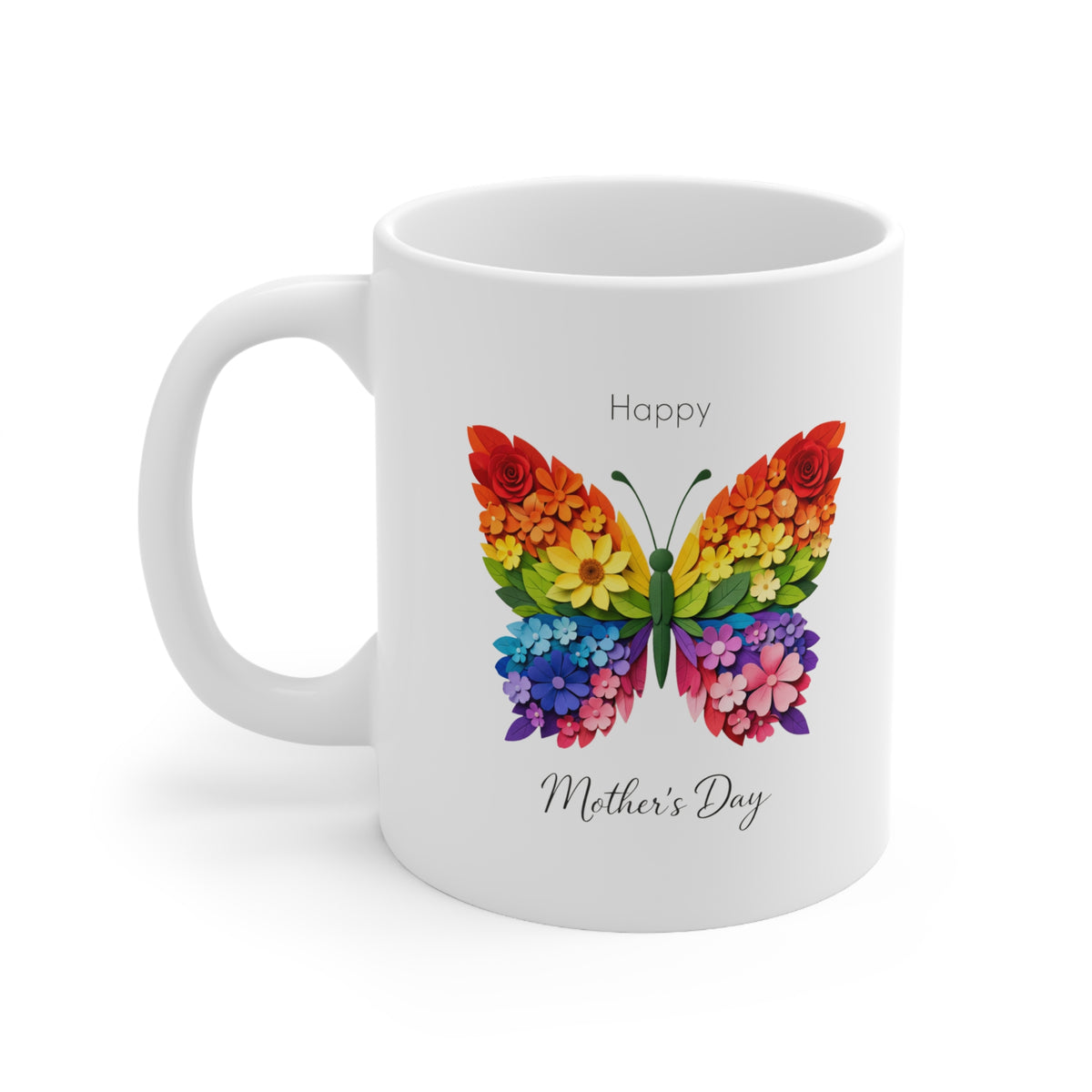 Rainbow Floral Butterfly Mother’s Day Mug – Happy Mother’s Day Coffee Cup Gift for Mum, Floral Paper Cut Style Mug