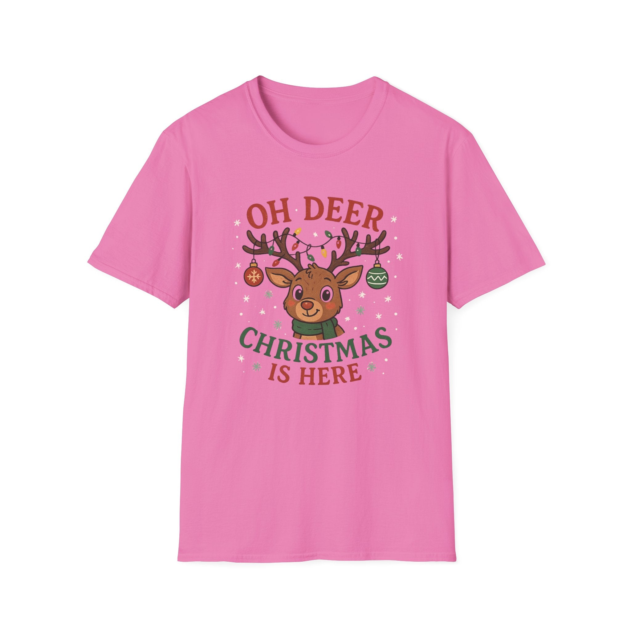 Funny Christmas T-Shirt - "Oh Deer Christmas Is Here" Reindeer Tee - Cute Secret Santa Gift, Holiday Party Shirt for Men & Women Sister Mum