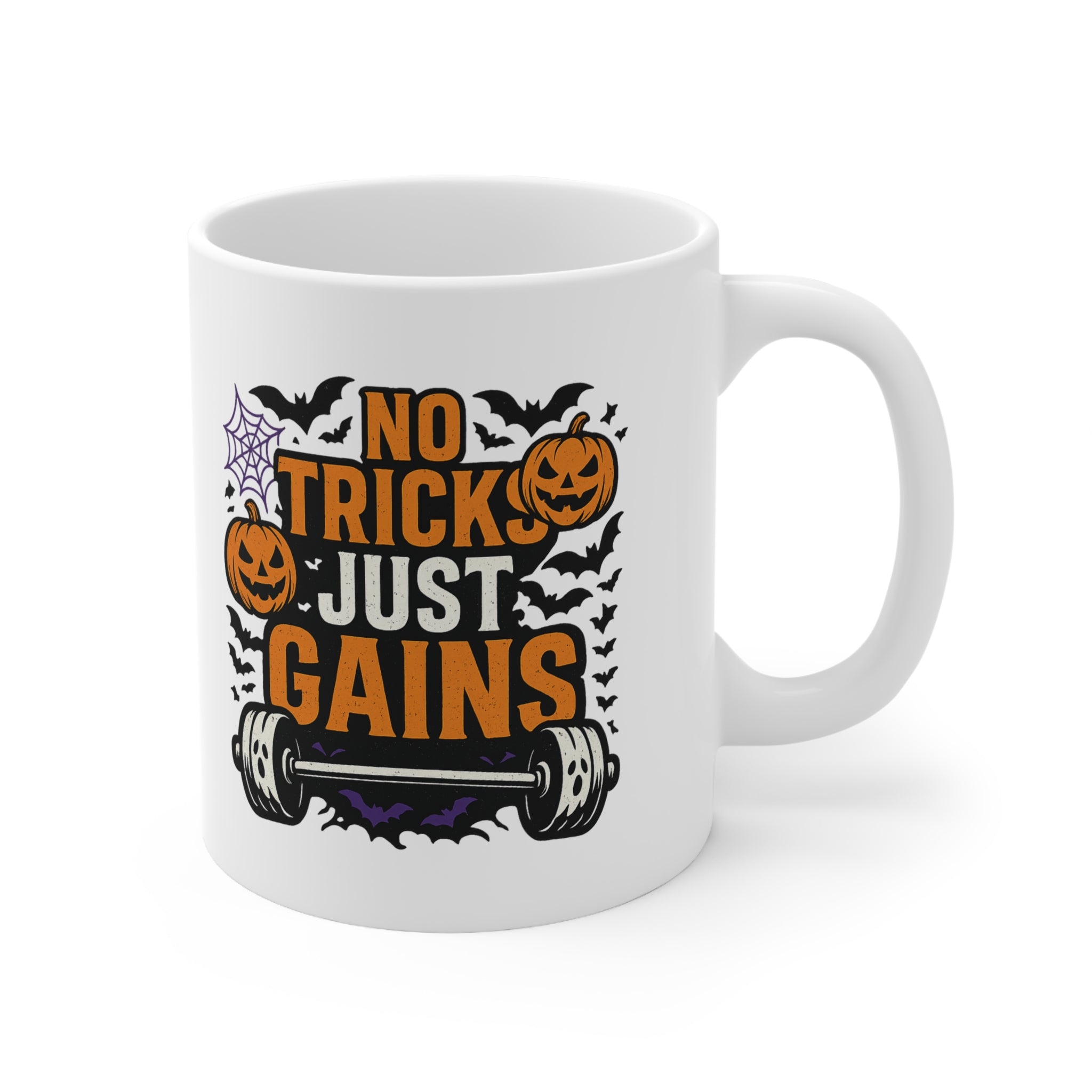 Funny Halloween Gym Mug - "No Tricks Just Gains" Weightlifter Coffee Cup - Spooky Halloween Gift for Gym Lovers, Bodybuilders & Fitness Fans