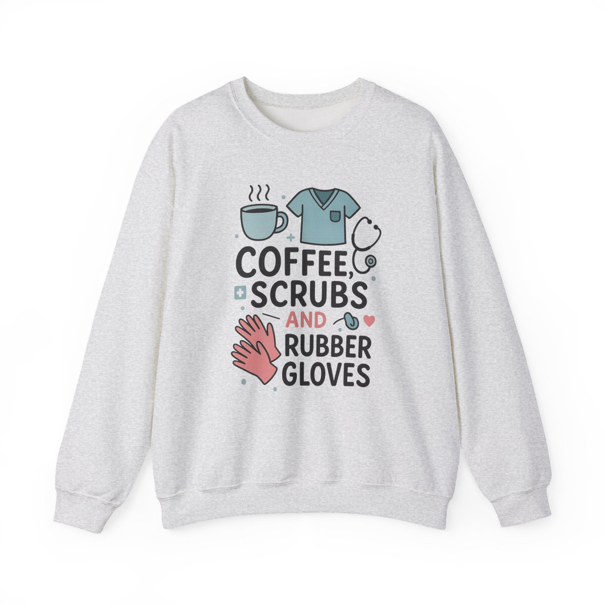 Funny Nurse Christmas Sweatshirt - "Coffee, Scrubs and Rubber Gloves" Jumper - Secret Santa Gift for Nurses, Healthcare Worker Xmas Sweater