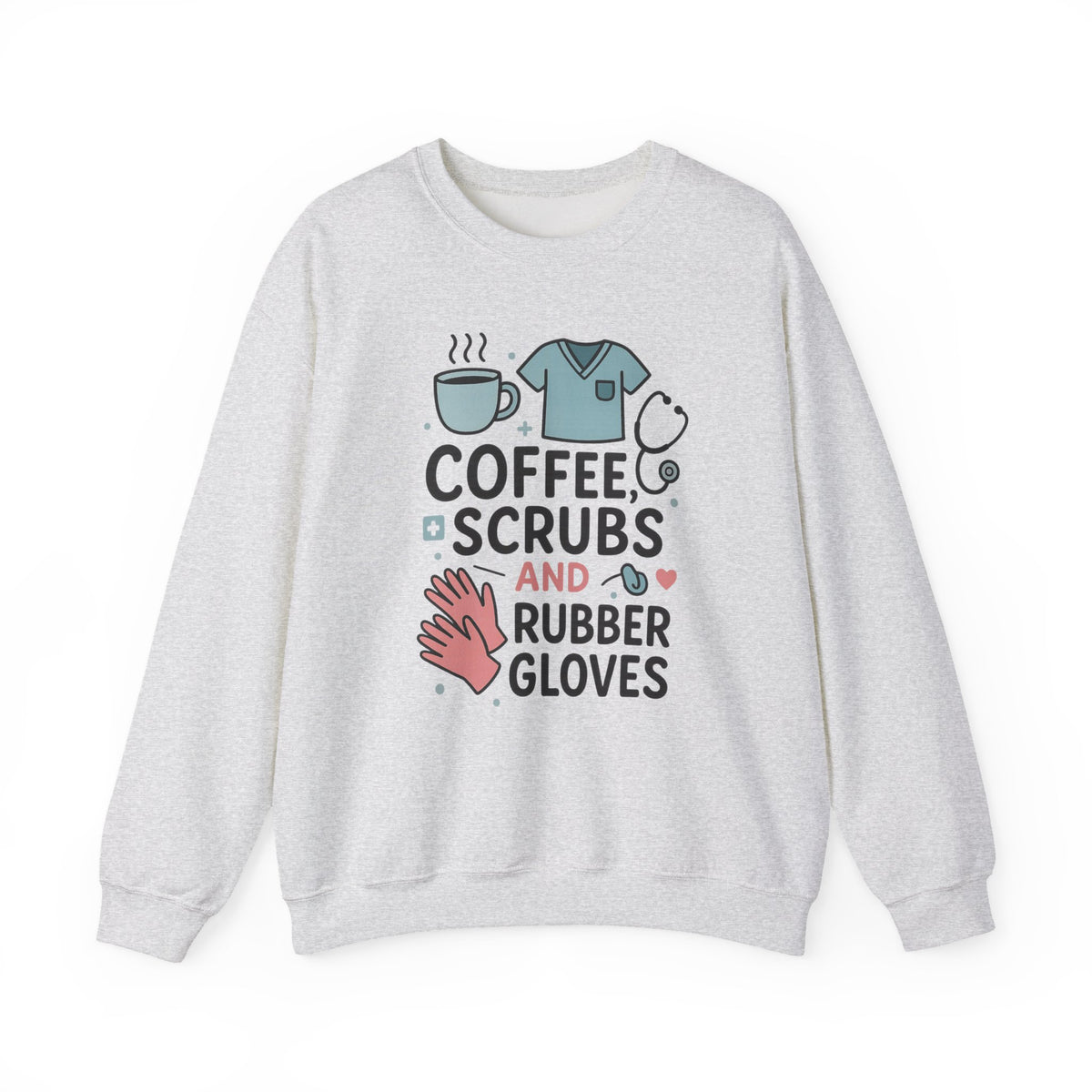 Funny Nurse Christmas Sweatshirt - "Coffee, Scrubs and Rubber Gloves" Jumper - Secret Santa Gift for Nurses, Healthcare Worker Xmas Sweater
