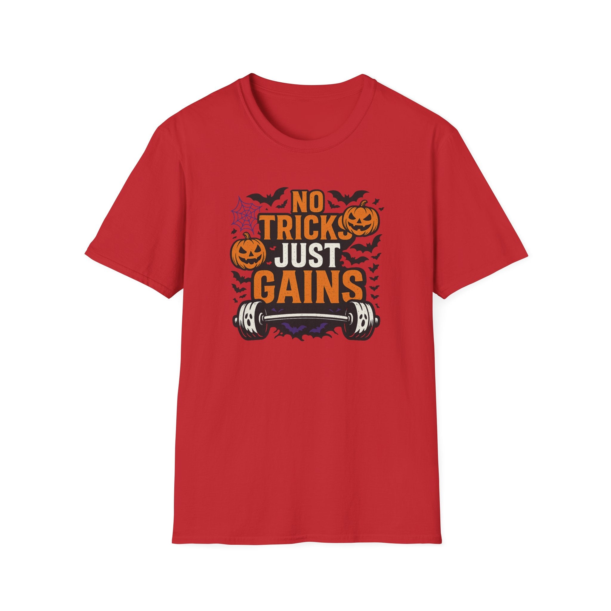 Funny Halloween Gym T-Shirt - "No Tricks Just Gains" Fitness Tee - Spooky Halloween Gift for Gym Lovers, Weightlifters & Bodybuilders
