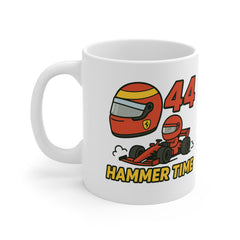 White ceramic mug featuring cartoon-style red F1 car and helmet with number 44 and “Hammer Time” text – inspired by Lewis Hamilton and Ferrari F1.