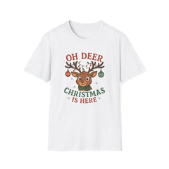 Funny Christmas T-Shirt - "Oh Deer Christmas Is Here" Reindeer Tee - Cute Secret Santa Gift, Holiday Party Shirt for Men & Women Sister Mum
