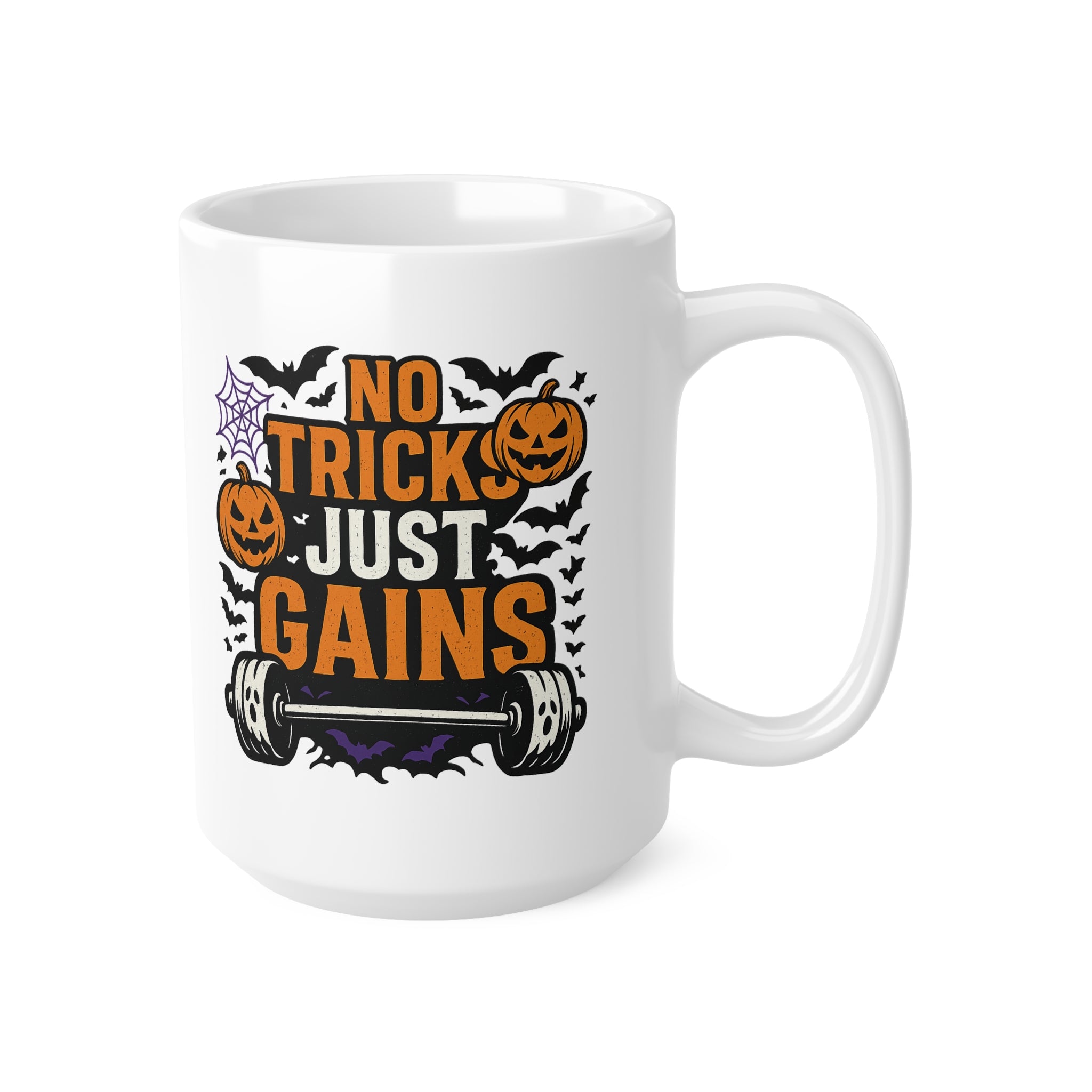 Funny Halloween Gym Mug - "No Tricks Just Gains" Weightlifter Coffee Cup - Spooky Halloween Gift for Gym Lovers, Bodybuilders & Fitness Fans