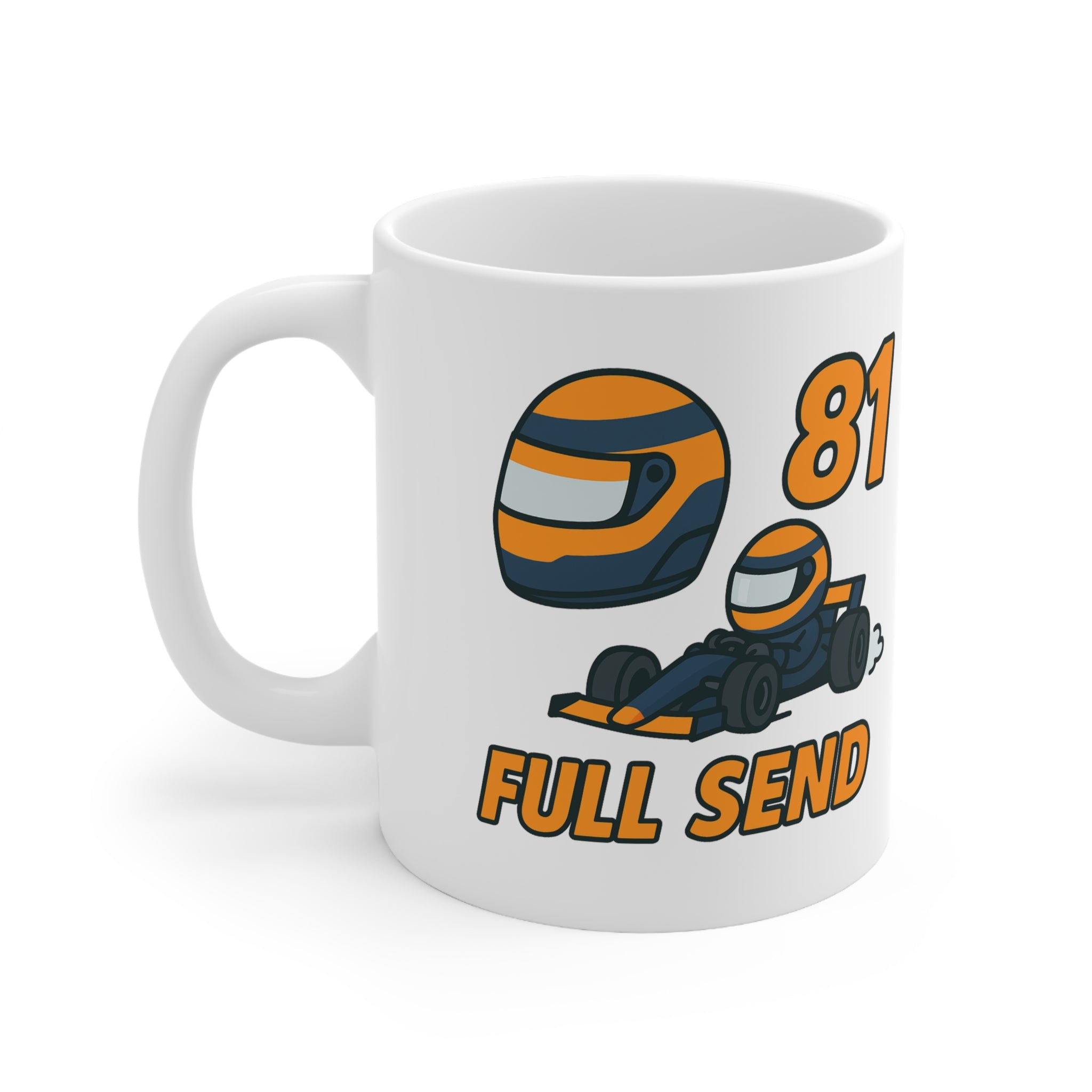 White ceramic mug with cartoon orange and navy F1 car, helmet, number 81, and text “Full Send” – inspired by Oscar Piastri and McLaren Formula 1.