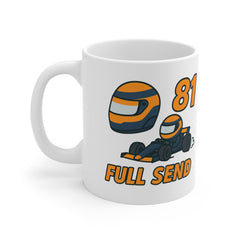 White ceramic mug with cartoon orange and navy F1 car, helmet, number 81, and text “Full Send” – inspired by Oscar Piastri and McLaren Formula 1.
