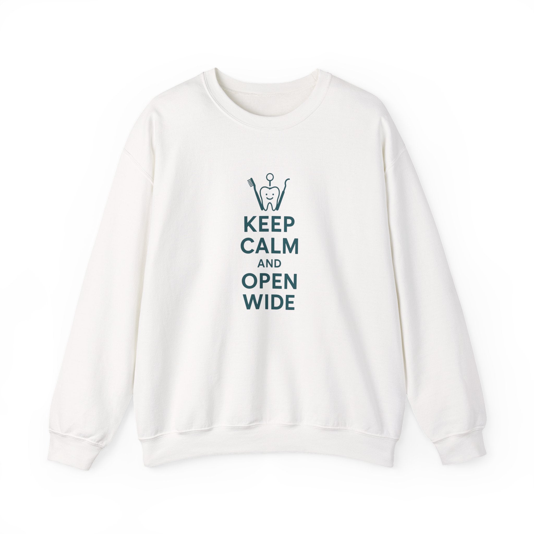 Funny Dentist Christmas Jumper - "Keep Calm and Open Wide" Sweatshirt - Secret Santa Gift for Hygienist, Dental Student or Dental Nurse