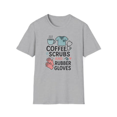 Funny Nurse Christmas T-Shirt - "Coffee, Scrubs and Rubber Gloves" Tee - Secret Santa Gift for Nurses, Xmas Medical Shirt, NHS Worker Ideas