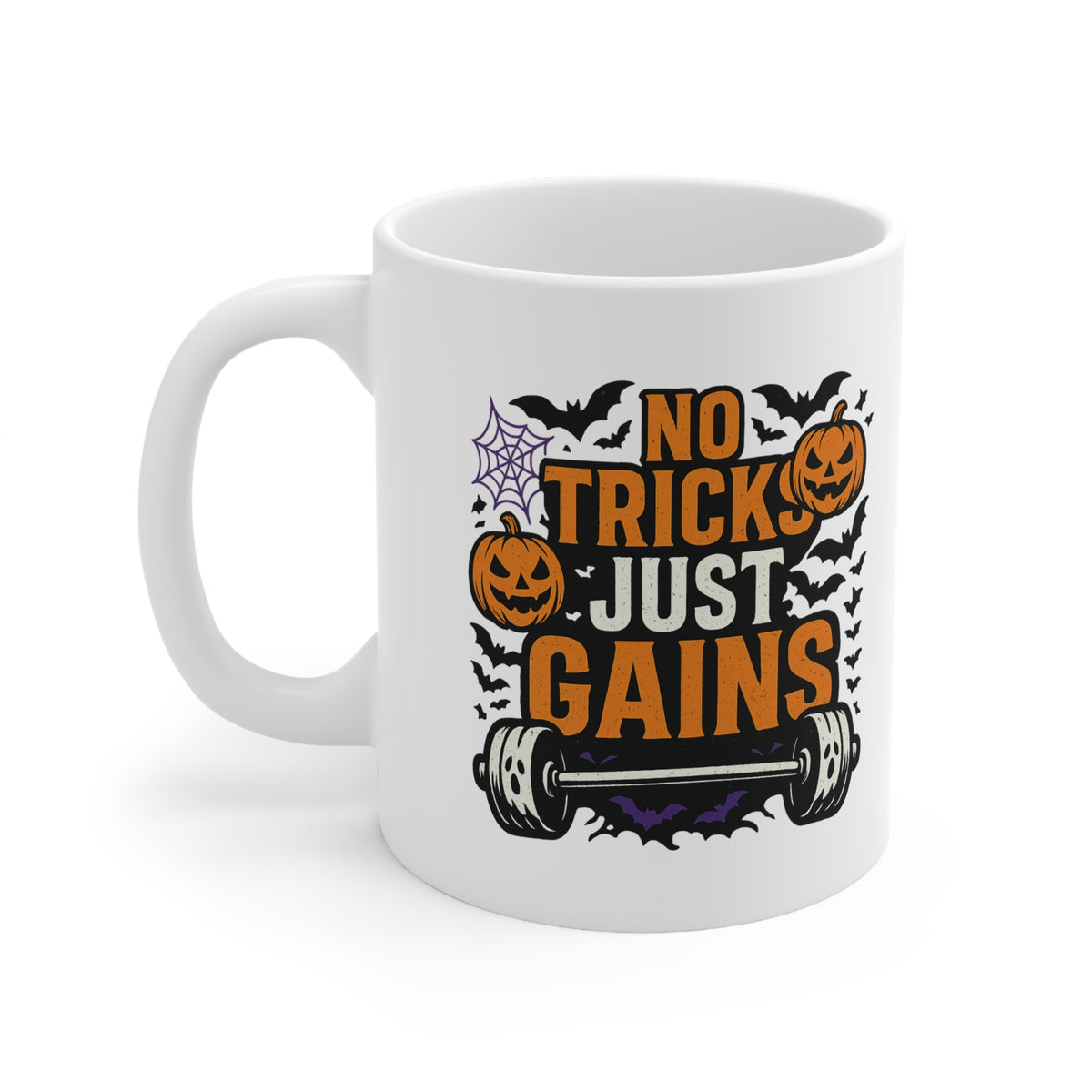 Funny Halloween Gym Mug - "No Tricks Just Gains" Weightlifter Coffee Cup - Spooky Halloween Gift for Gym Lovers, Bodybuilders & Fitness Fans