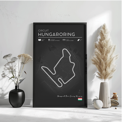 a poster of the Circuit Hungaroring track, which is a race circuit in Hungary. The poster is displayed on a wall, with a vase of flowers and a potted plant to the left and a small white object to the right.