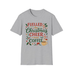 Funny Christmas Coffee T-Shirt - Fuelled by Christmas Cheer and Coffee Tee - Xmas Gift for Coffee Lovers, Secret Santa Shirt For Her Mum Mom