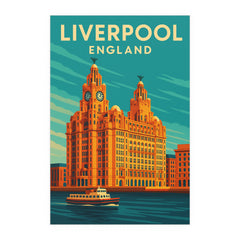 Liverpool England Vintage Travel Poster | Retro Royal Liver Building & Ferry Print | Maritime City Art