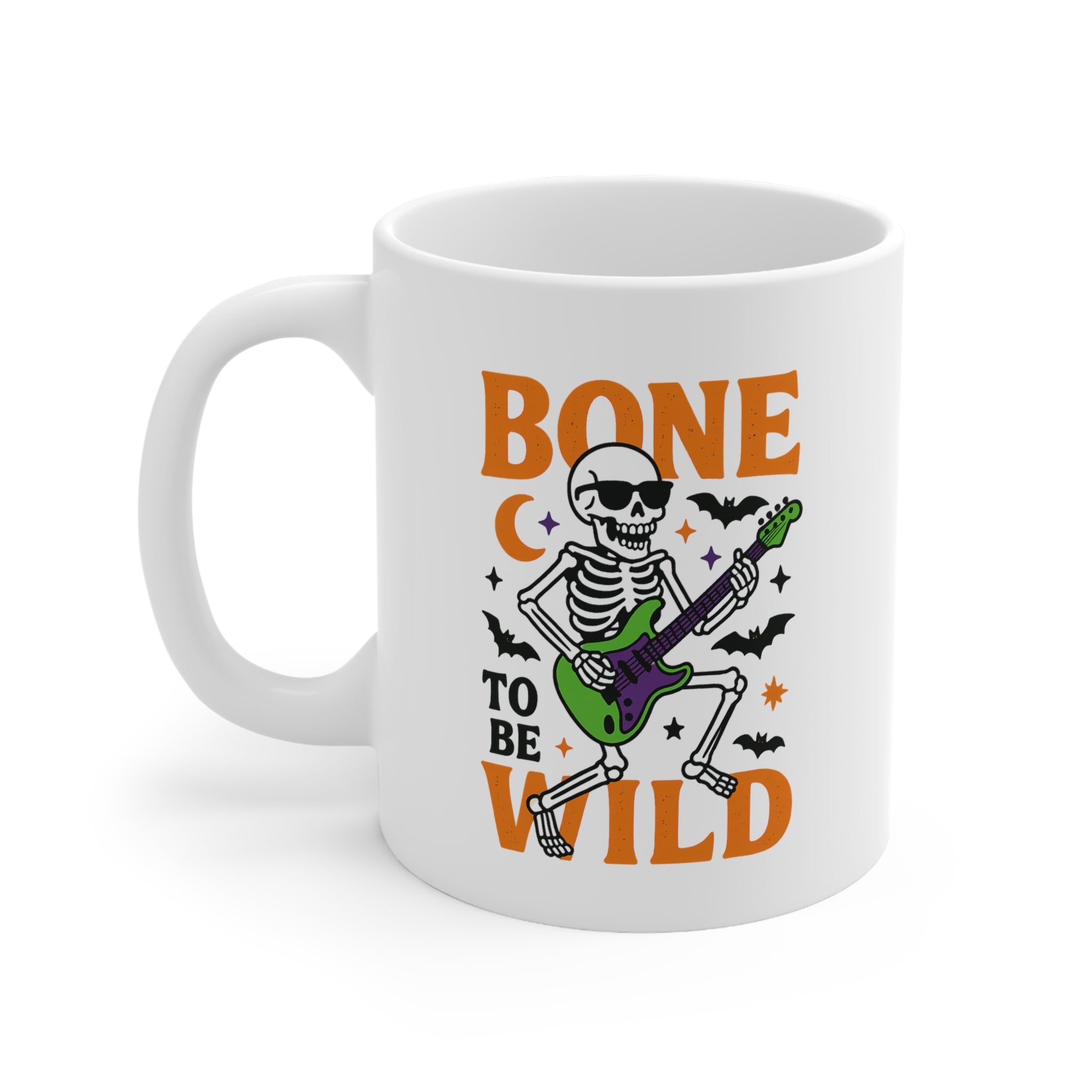 Bone to Be Wild Halloween Mug - Funny Skeleton Coffee Cup with Guitar, Spooky Gift for Halloween Lovers, Rock Music Novelty Mug