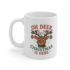 Funny Christmas Mug - "Oh Deer, Christmas Is Here" Reindeer Coffee Cup, Cute Secret Santa Gift for Coworker, Holiday Present Under 20